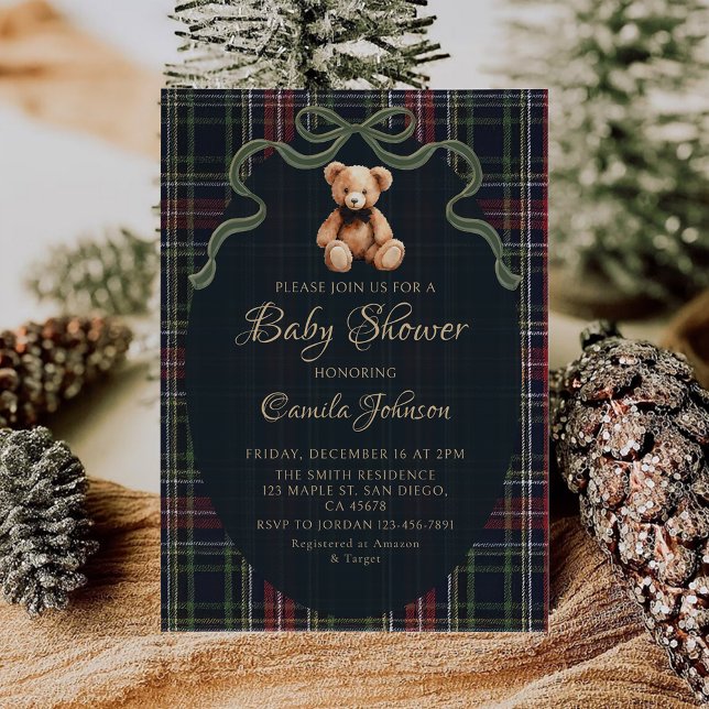 Coquette Plaid Teddy Bear Baby Shower Invitation (Créateur téléchargé)