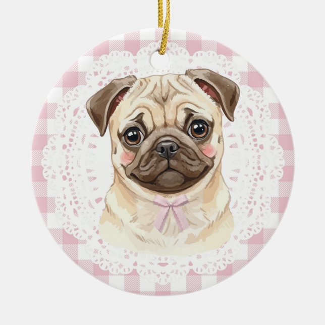 Coquette Pug Dog Pink Gingham Bows Keramik Ornament (Vorne)