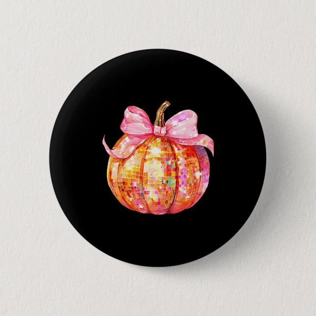 Coquette Pumpkin Bow Disco Ball Cute Girly Hallowe Button (Vorderseite)