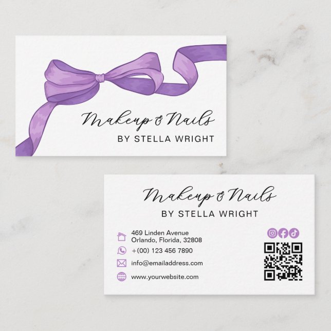 Coquette Purple Bow Beauty QR Code Visitenkarte (Vorne/Hinten)