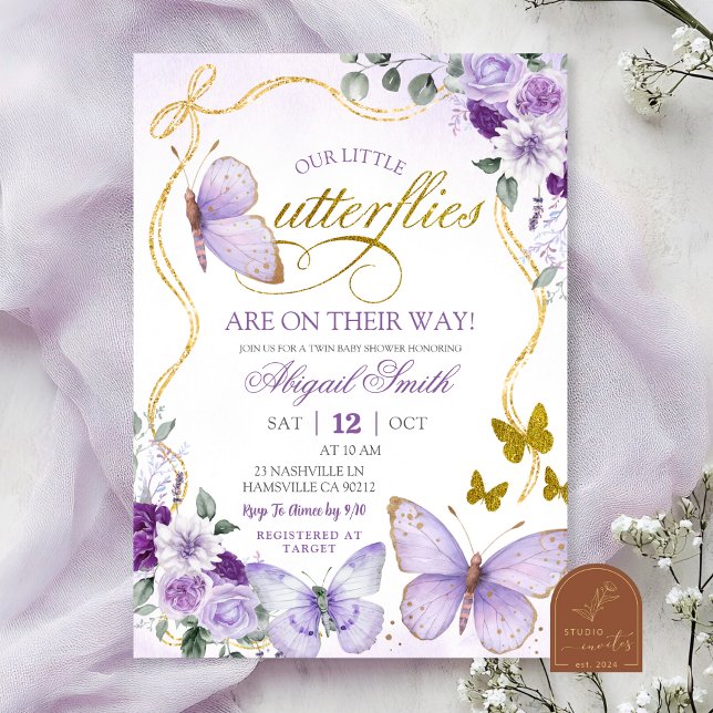 Coquette Purple Butterfly Twins Baby Shower Einladung (Von Creator hochgeladen)