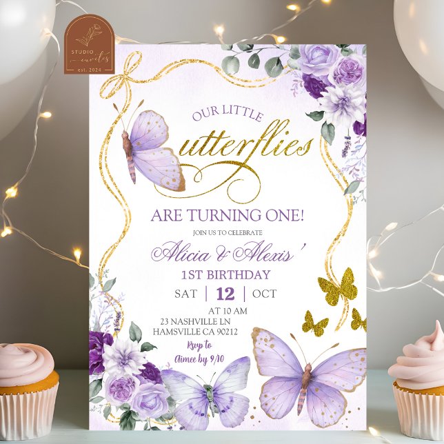 Coquette Purple Butterfly Twins Birthday Einladung (Von Creator hochgeladen)