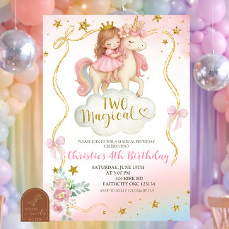 Coquette Rainbow Pastel Unicorn TWO Magical Birthd Einladung