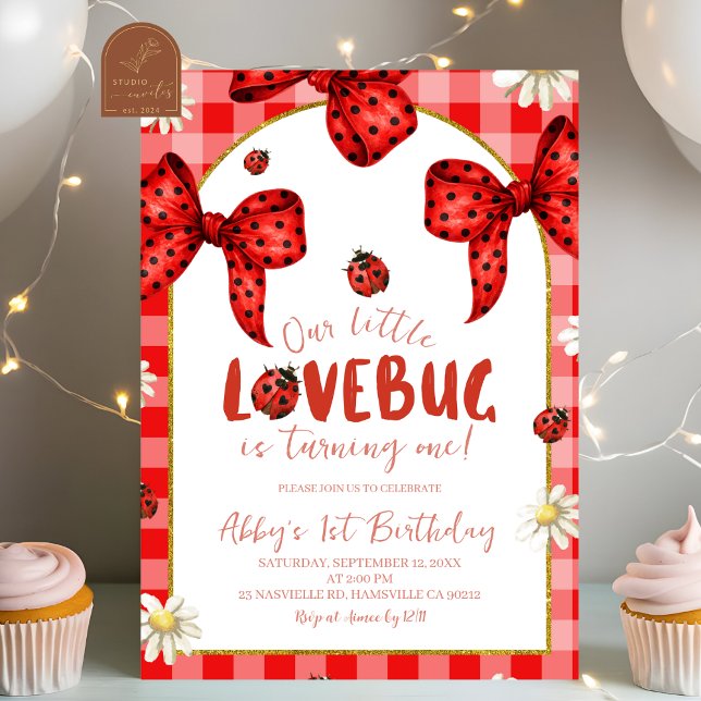 Coquette Red Bow Lovebug First Birthday Invitation (Créateur téléchargé)