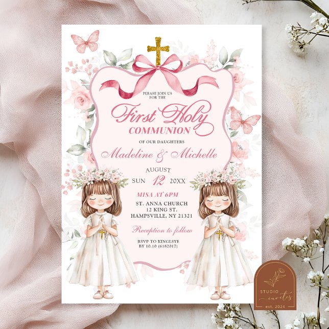 Coquette Ribbon Floral Twins Erste Heilige Kommune Einladung (Von Creator hochgeladen)