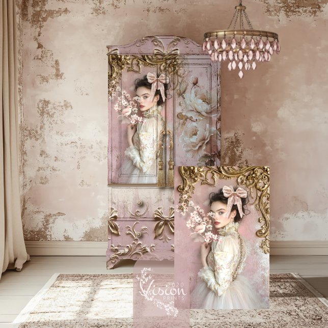 Coquette Romantisches Barock Seidenpapier (Coquette Romantic Portrait, Rose Pink & Gold, Baroque, Bird & Blossoms Decoupage Tissue Paper.)