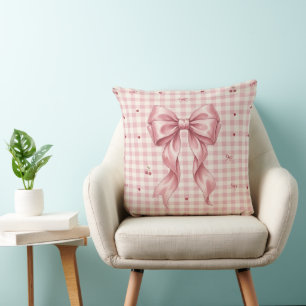 Coquette Rosa Satin-Schleife & Kirschen Gingham-Wu Kissen