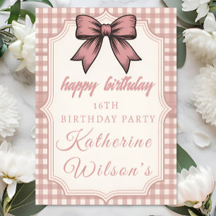 Coquette Rosa Schleife & Gingham Sweet 16 Karte