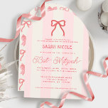 Coquette Rosa Schleife & Streifen Bat Mitzvah Einladung<br><div class="desc">Diese kokette Bat-Mizwa-Einladung zeigt eine rote/dunkelrosa Schleife auf cremefarbenem Hintergrund mit hellrosa Streifen. Die Rückseite zeigt einen cremefarbenen Hintergrund mit einem roten Schleifenmuster. Personalisieren Sie es nach Ihren Wünschen. Sie finden passende Produkte in meinem Shop.</div>