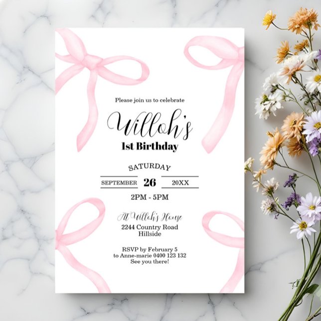 Coquette Rose Bows Anniversaire Invitation (Coquette 1st Birthday invitation. Modern invitation with watercolor baby pink bows)