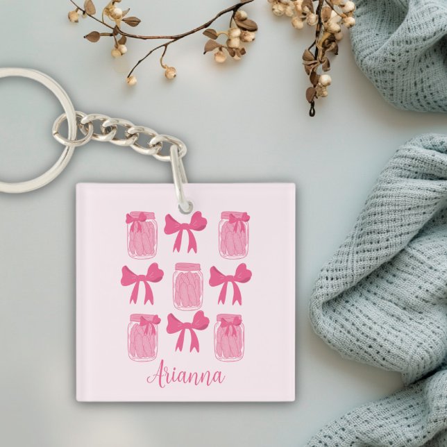 Coquette rose chaud Pickle Jar et Bow Personnalisé (Hot Pink Coquette Pickle Jar and Bow Personalized Keychain)