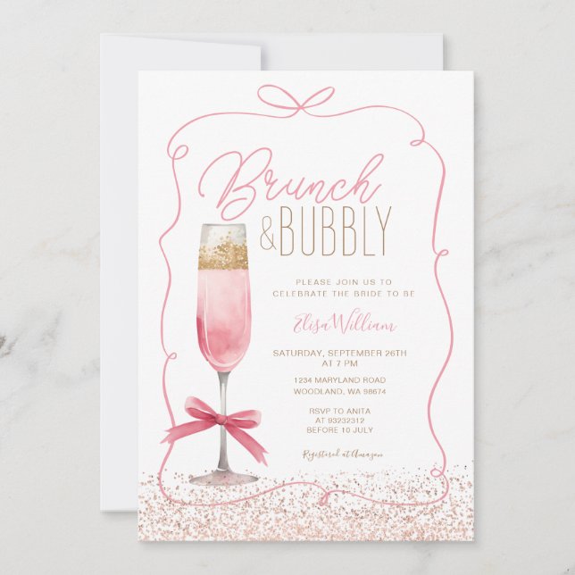 Coquette Rose Gold Brunch & Bubbly Brautparty Einladung (Vorderseite)