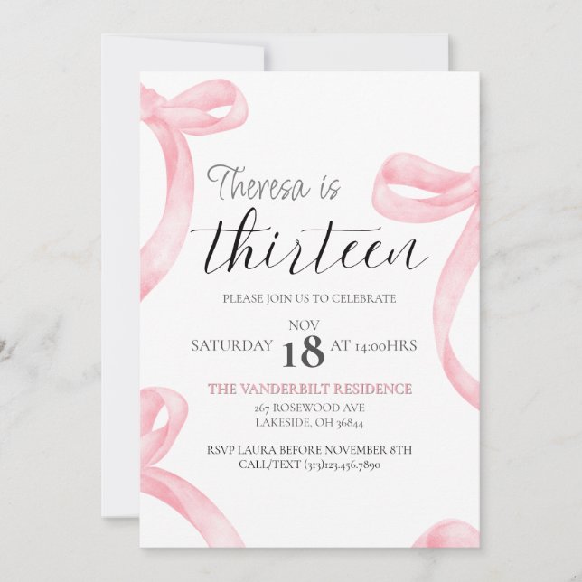 Coquette rose mignonne 13e anniversaire Invitation (Devant)