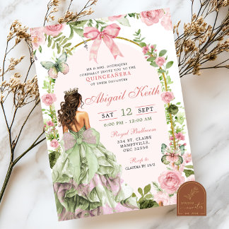 Coquette Royal Garden Sage Blush Pink Quinceanera Einladung