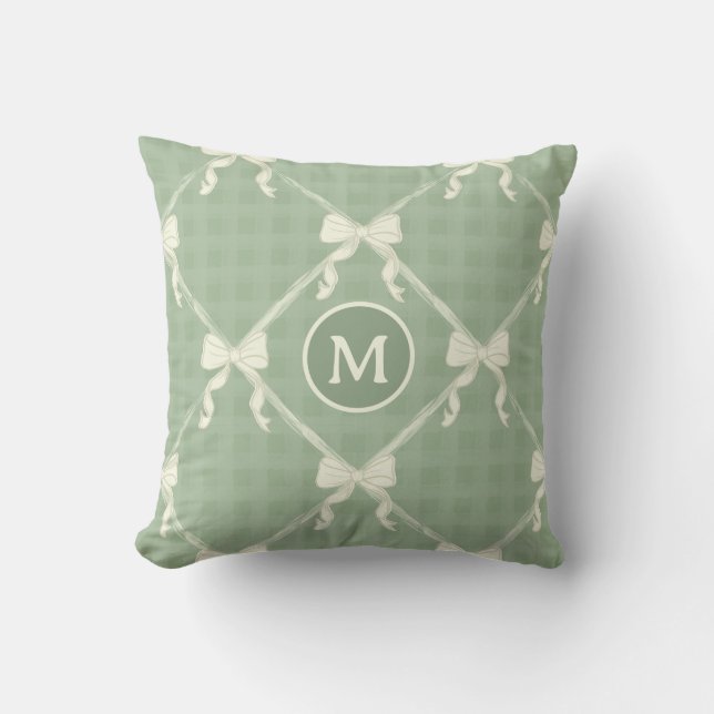 Coquette Schleifen Gingham Monogramm Creme Sage Gr Kissen (Vorderseite)
