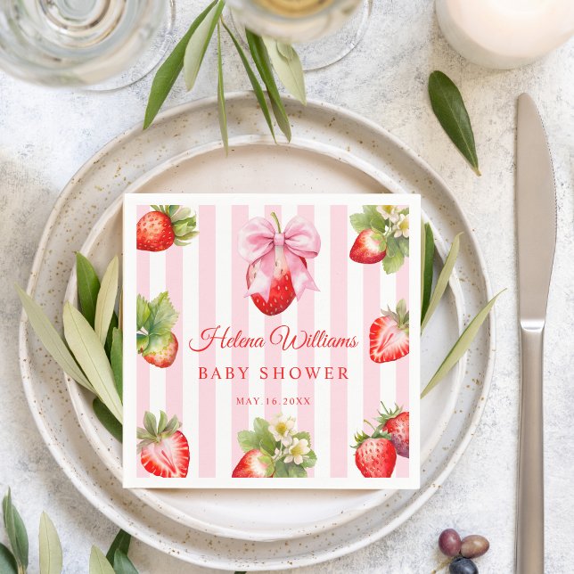 Coquette Strawberries Baby Shower Decor  Serviette (Watercolor Strawberry Baby shower Pink Gingham Napkin)