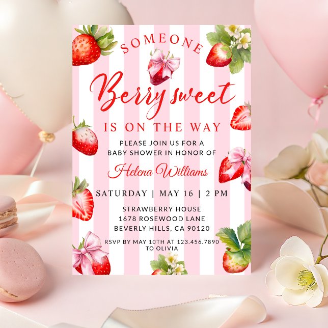 Coquette Strawberries Baby Shower Invitation Einladung (Someone Berry Sweet is on the way Baby Shower Invitation)