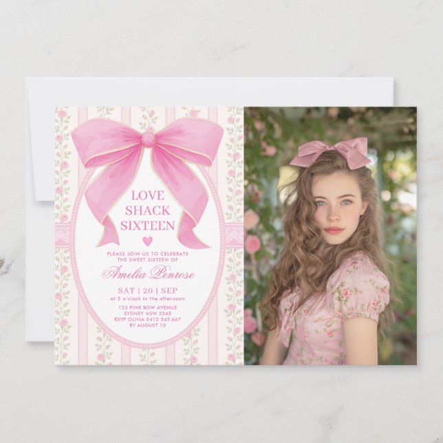 Coquette Sweet 16 Pink Bow Birthday Photo Einladung (Vorderseite)