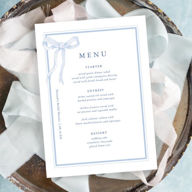 Coquette Toile Blue Bow Brautparty Menükarte (Von Creator hochgeladen)