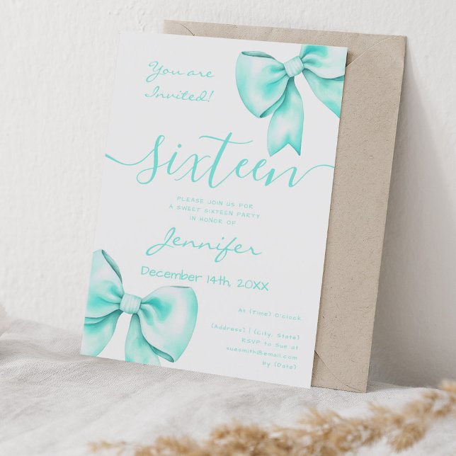 Coquette Türkis Aquamarin Bow Sweet 16 Geburtstag Einladung (Coquette Turquoise Teal Bow Sweet 16 Birthday Invitation)