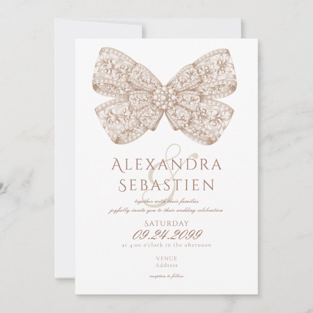 Coquette Vintag Diamonds Bow Mocha Mousse Wedding Einladung (Vorderseite)
