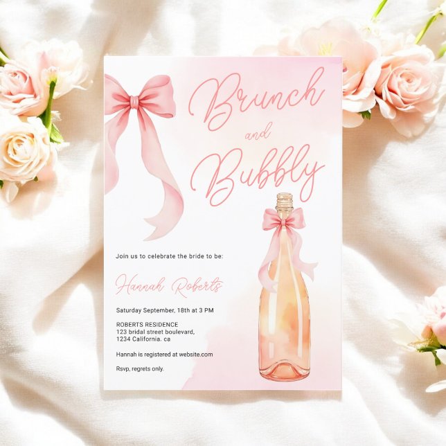 Coquette Wasserfarbe Brunch Bubbly Brautparty Einladung (Coquette Watercolor Brunch Bubbly Bridal Shower Invitation)