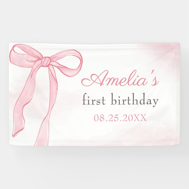 Coquette Wasserfarbe Rosa Niedlicher Bow Geburtsta Banner (Horizontal)
