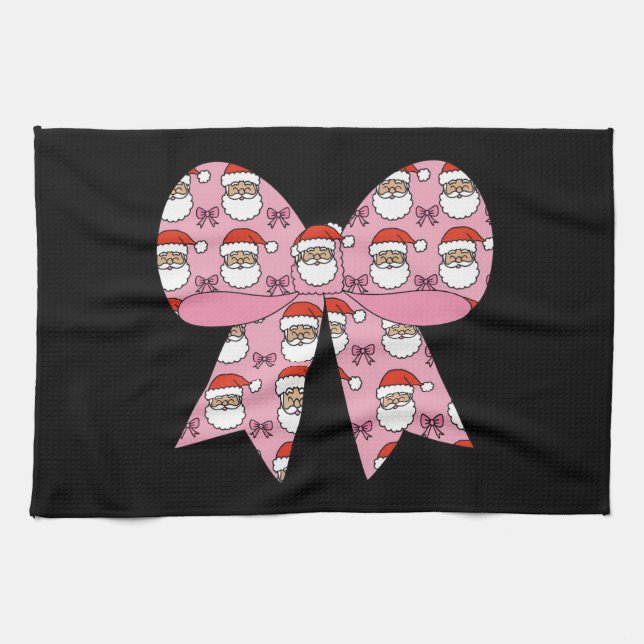 Coquette Weihnachten Pink Bow Santa Vintag Retro Geschirrtuch (Horizontal)