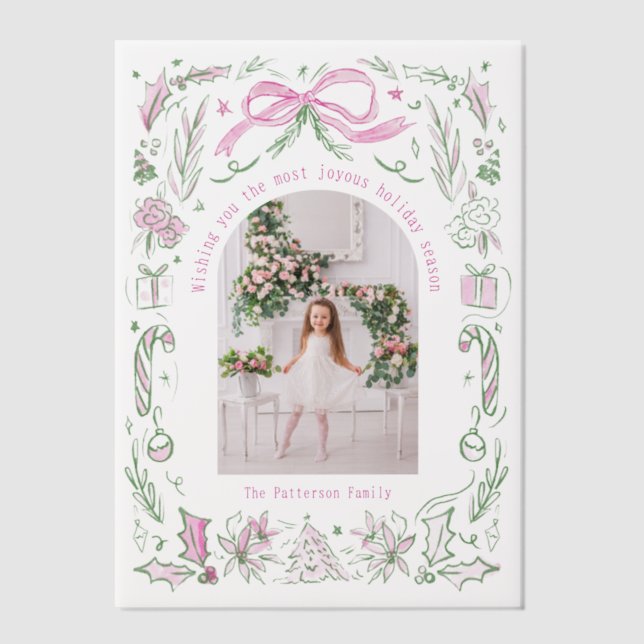 Coquette Weihnachtsfamilie Foto Pink Green Doodle (Vorderseite)
