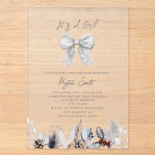 Coquette White Bow Winter Botanical Baby Dusche Acryleinladungen (Vorderseite)