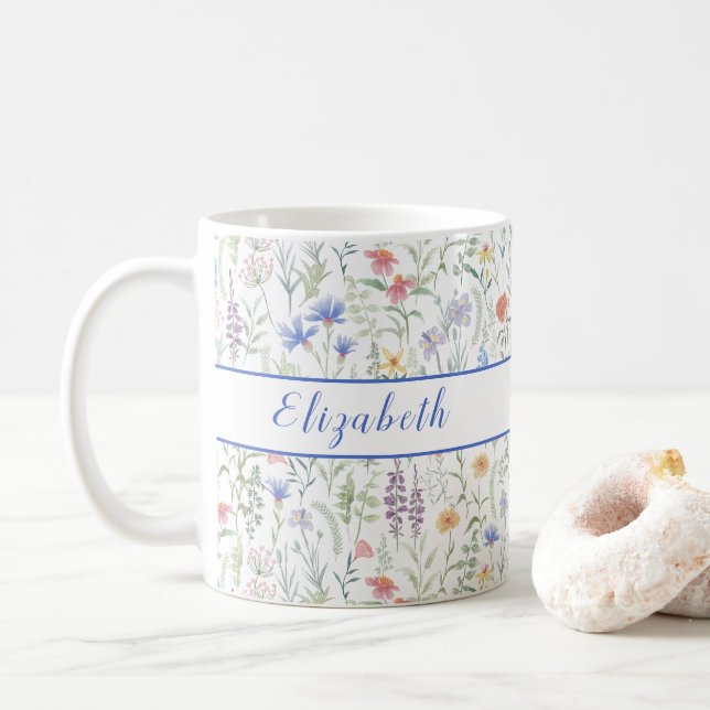 Coquette Wildblumenwiese Personalisiert Blau Kaffeetasse (Mit Donut)