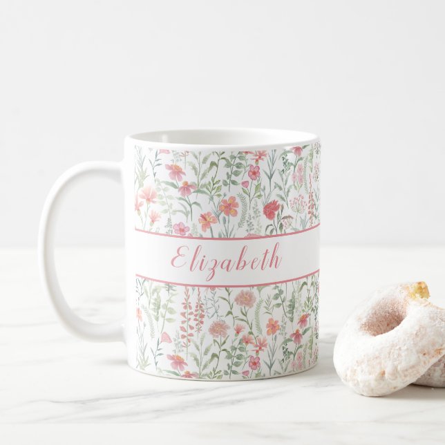 Coquette Wildblumenwiese Personalisiert Rosa Kaffeetasse (Mit Donut)