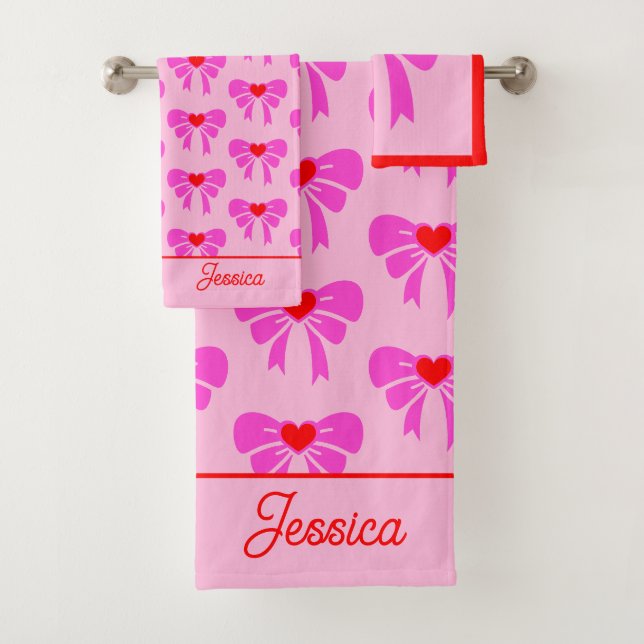 Coquette y2k Ribbon Muster Red & Pink Preppy Name Badhandtuch Set (Insitu)