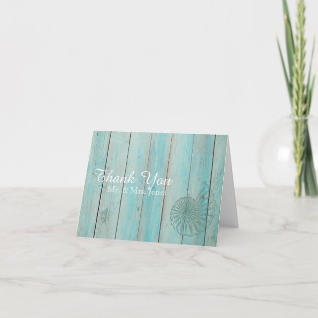 Coquillage bleu sur le Merci en bois de mariage de (Devant)