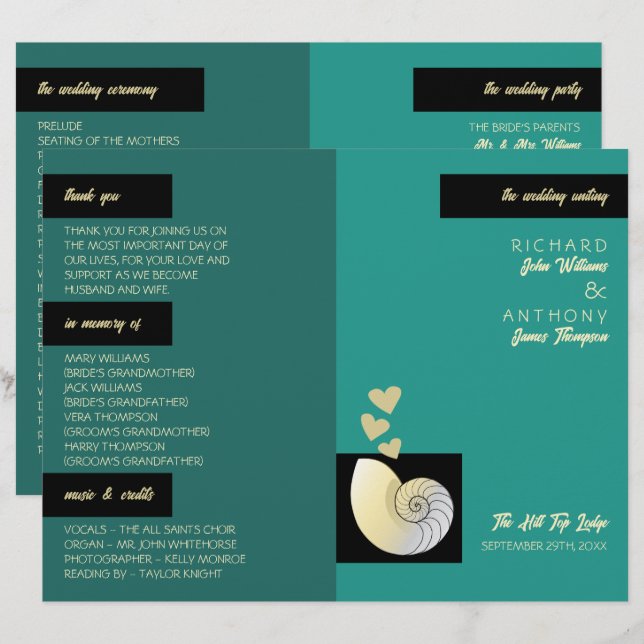 Coquillage et Coeurs, Programme de mariage sur la  (Devant / Derrière)