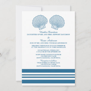 Coquillages bleu blanc Nautique Mariage Invitation