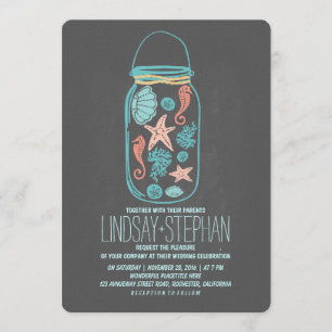 Coquillages mason jar plage invitations mariage