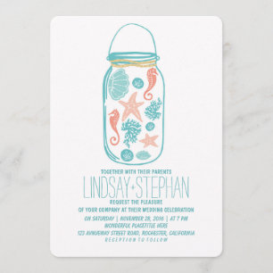 Coquillages mason jar plage invitations mariage