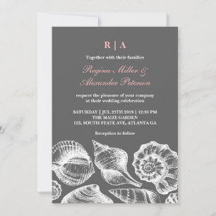Coquillages rose gris Plage Mariage Invitation