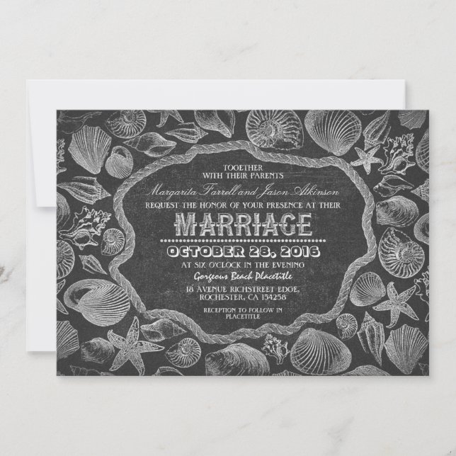 Coquillages vintages noir plage mariage invitation (Devant)