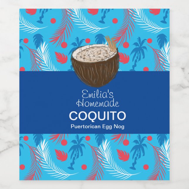 Coquito Rezept Drink Palmen Bäume Ei Nog Blau Weinetikett (Einzelnes Label)