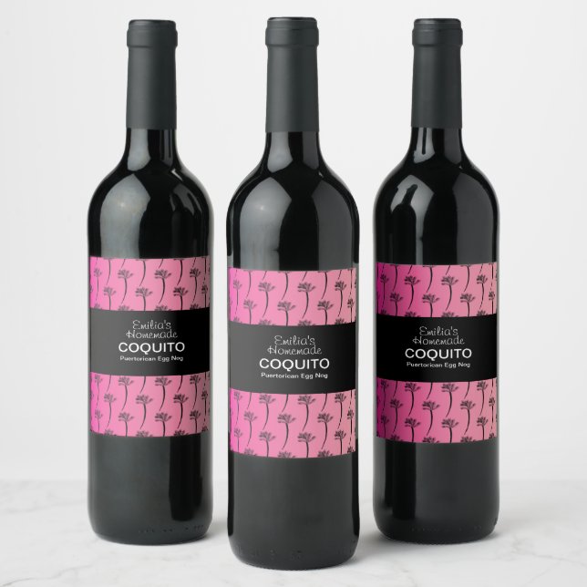 Coquito Rezept Drink Palmen Bäume Eier rosa Weinetikett (Flaschen)