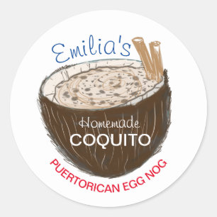 Coquito-Rezept Getränk Kokosnussschale Handgezeich Runder Aufkleber