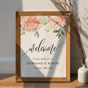 CORA Peach floral Wedding Willkommen Poster