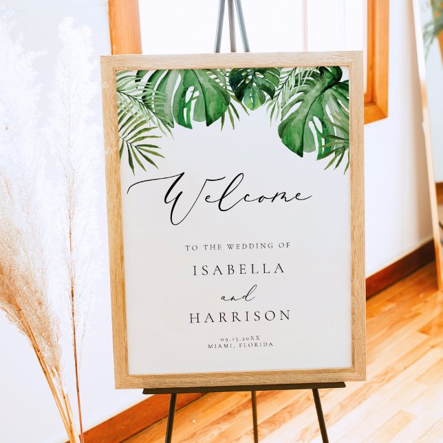 CORA | Tropical Beach Palm Leaf Wedding Willkommen Poster (Von Creator hochgeladen)