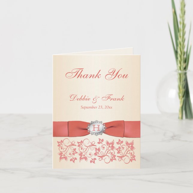 Corail, Champagne Floral Mariage Carte de remercie (Devant)