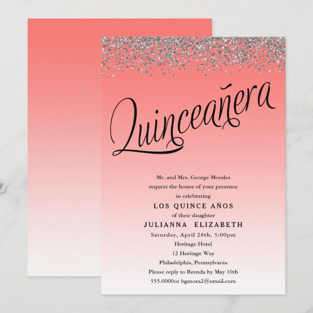 Corail et argent Quinceanera Invitation d'annivers (Devant / Derrière)