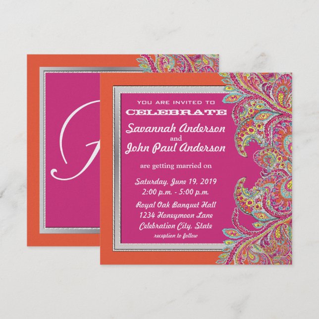 Corail et rose Paisley Peacock Invitations de mari (Devant / Derrière)
