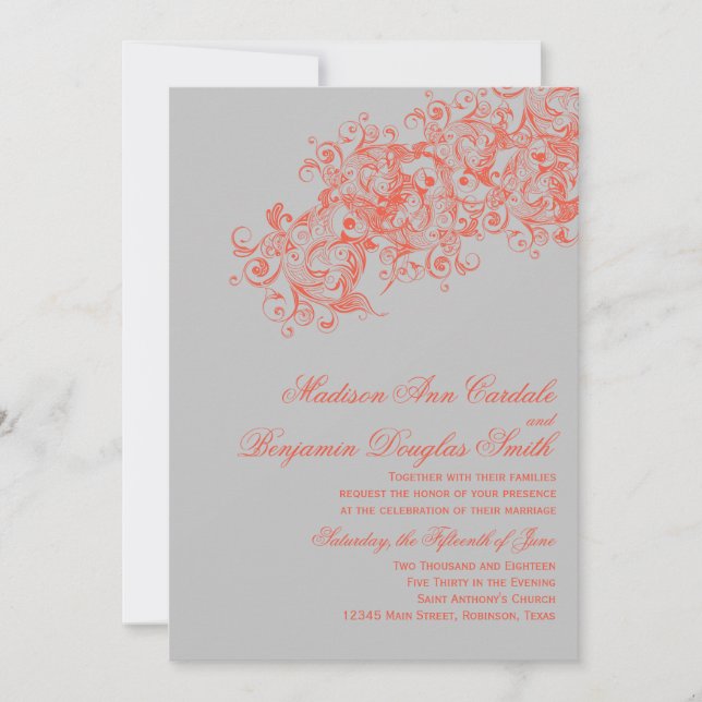 Corail gris Élégant Mariage florissant Invitations (Devant)