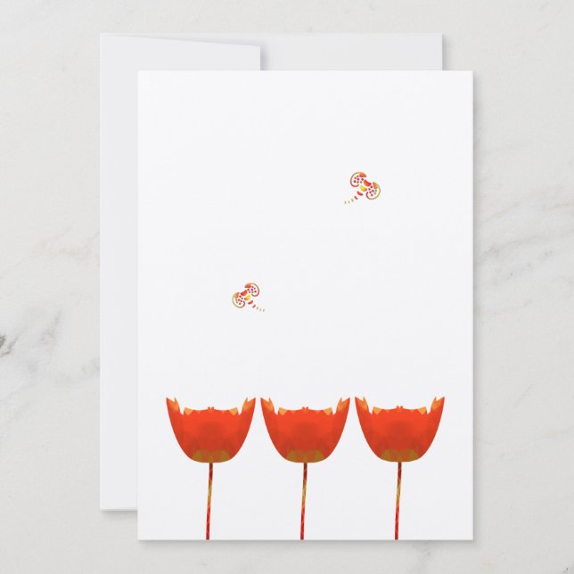 Corail & Gris Poppies Papillons Faire-part de mari (Devant)
